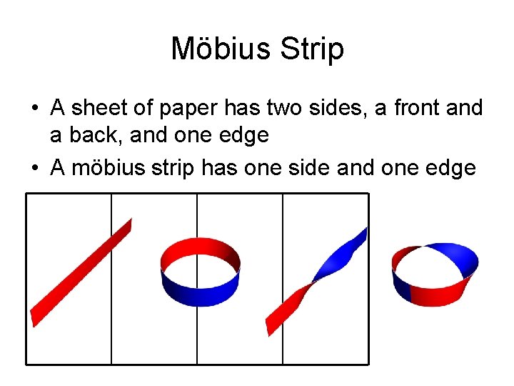 Möbius Strip • A sheet of paper has two sides, a front and a