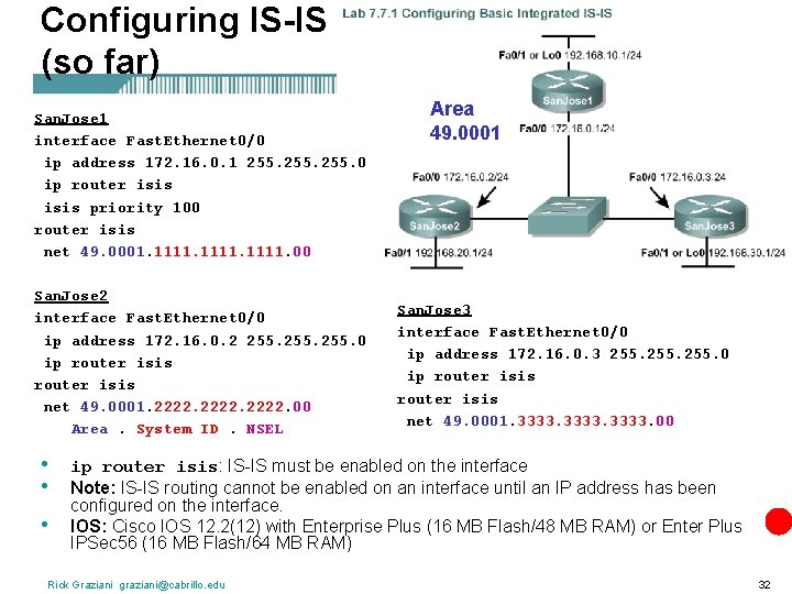 Configuring IS-IS (so far) San. Jose 1 interface Fast. Ethernet 0/0 ip address 172.