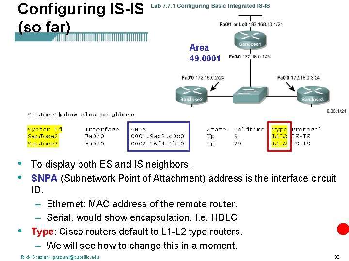 Configuring IS-IS (so far) Area 49. 0001 • • • To display both ES