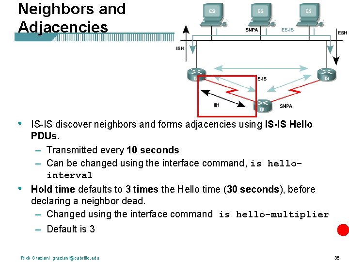 Neighbors and Adjacencies • IS-IS discover neighbors and forms adjacencies using IS-IS Hello PDUs.
