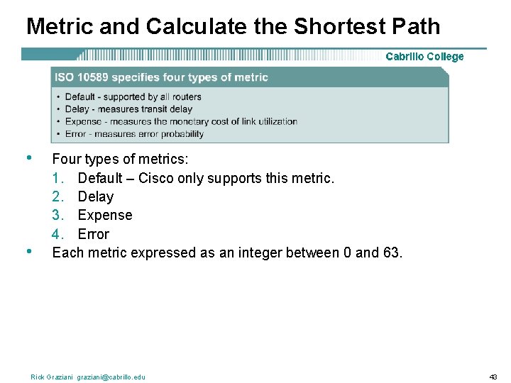 Metric and Calculate the Shortest Path • • Four types of metrics: 1. Default
