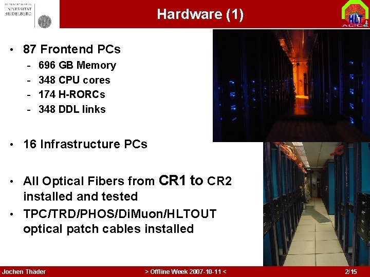 Hardware (1) • 87 Frontend PCs - 696 GB Memory 348 CPU cores 174