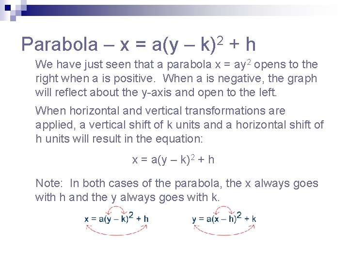 Parabola – x = a(y – k)2 + h We have just seen that