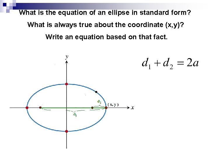 What is the equation of an ellipse in standard form? What is always true