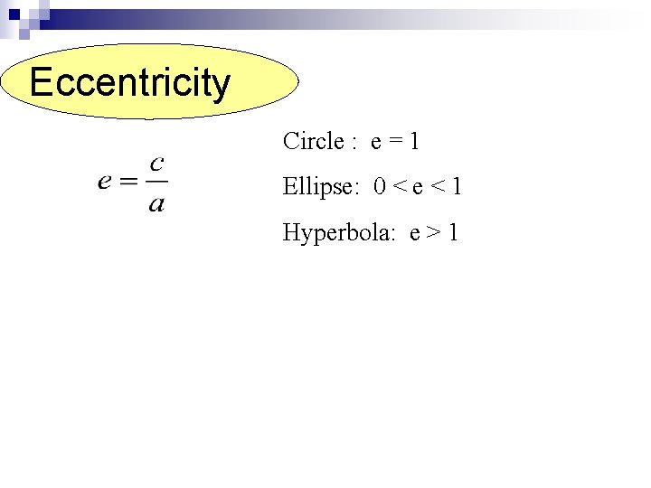 Eccentricity Circle : e = 1 Ellipse: 0 < e < 1 Hyperbola: e