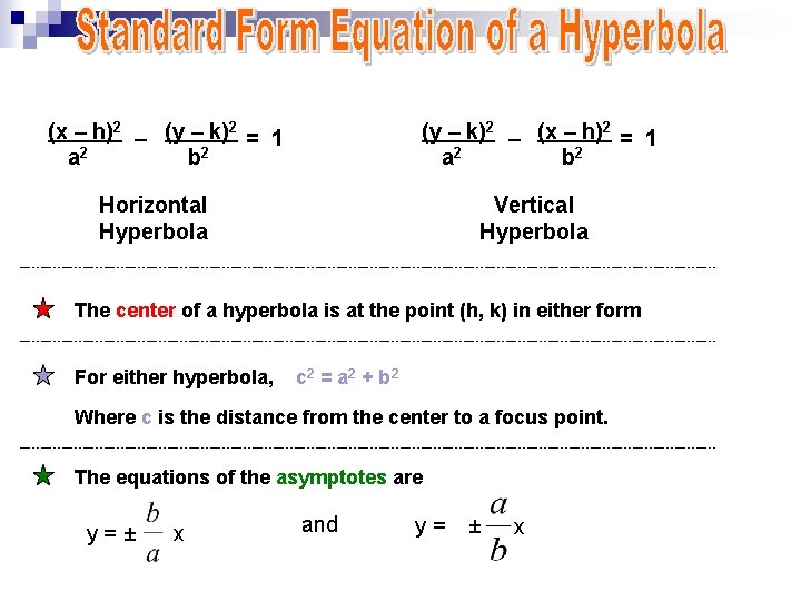 (x – h)2 – (y – k)2 = 1 a 2 b 2 (y