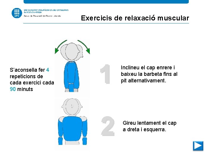 Exercicis de relaxació muscular S’aconsella fer 4 repeticions de cada exercici cada 90 minuts