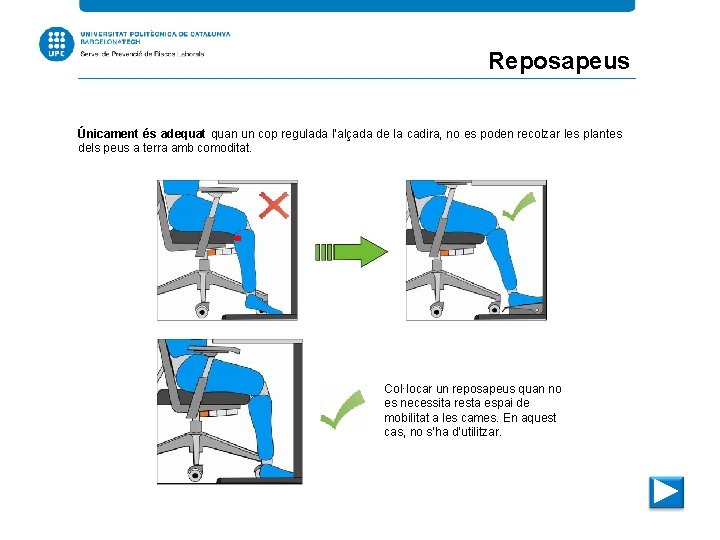 Reposapeus Únicament és adequat quan un cop regulada l’alçada de la cadira, no es