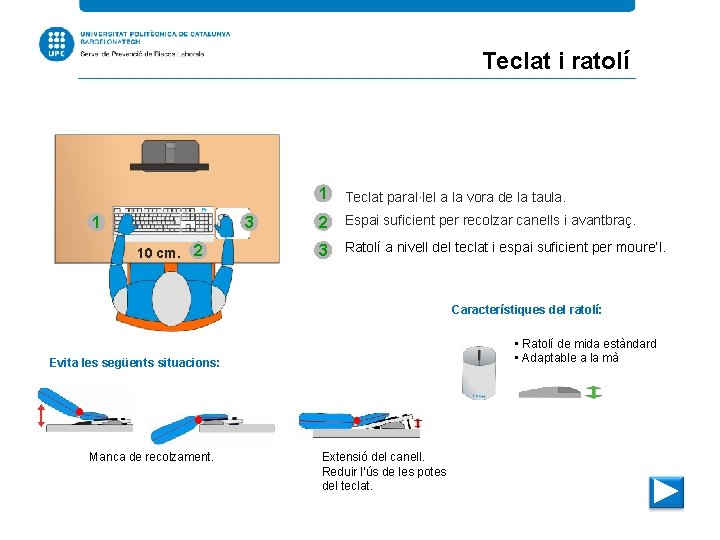 Teclat i ratolí 1 3 10 cm. 2 1 Teclat paral·lel a la vora