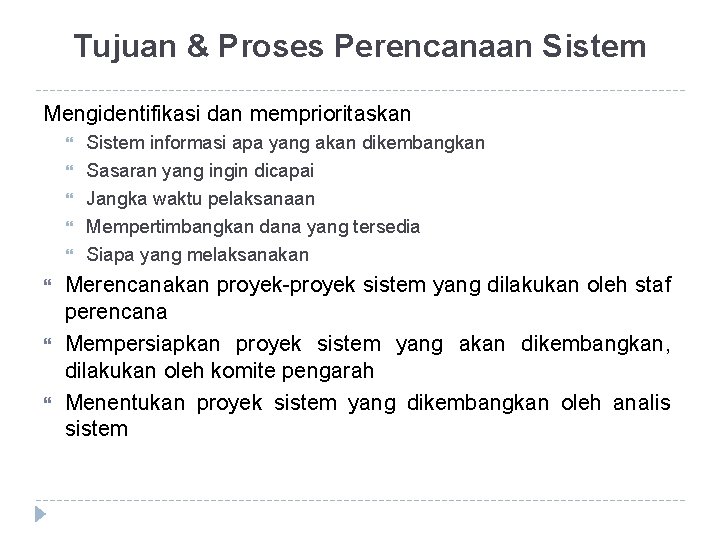 Tujuan & Proses Perencanaan Sistem Mengidentifikasi dan memprioritaskan Sistem informasi apa yang akan dikembangkan