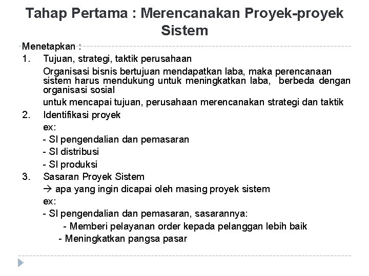 Tahap Pertama : Merencanakan Proyek-proyek Sistem Menetapkan : 1. Tujuan, strategi, taktik perusahaan Organisasi