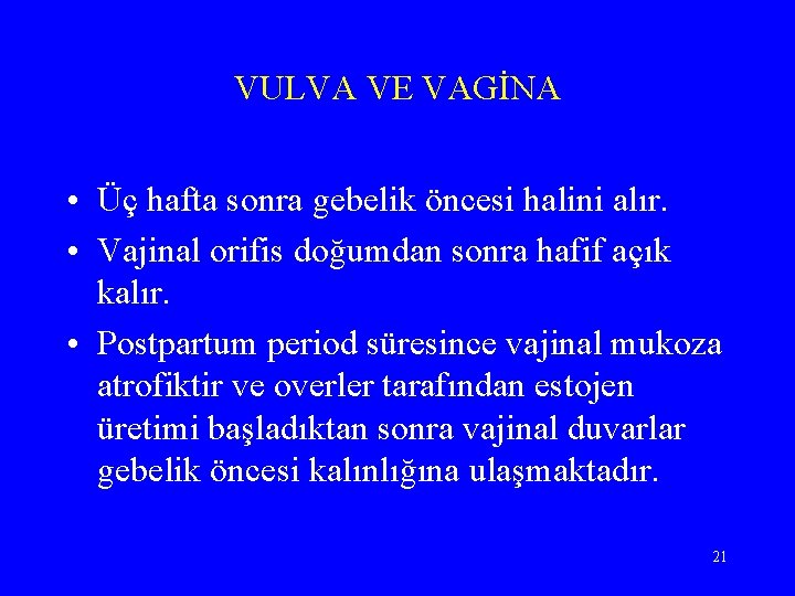 VULVA VE VAGİNA • Üç hafta sonra gebelik öncesi halini alır. • Vajinal orifis