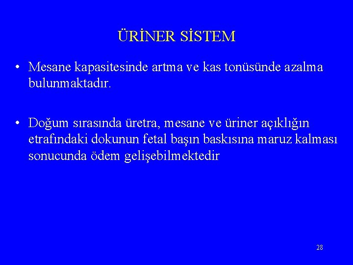 ÜRİNER SİSTEM • Mesane kapasitesinde artma ve kas tonüsünde azalma bulunmaktadır. • Doğum sırasında