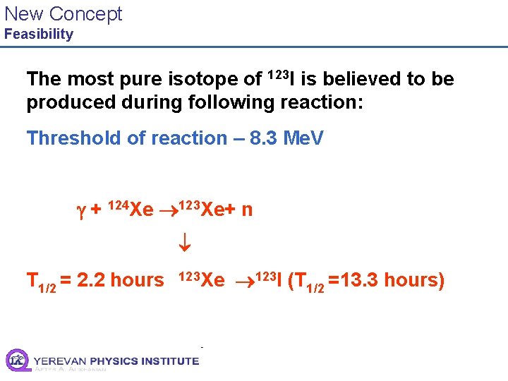 New Concept Feasibility The most pure isotope of 123 I is believed to be