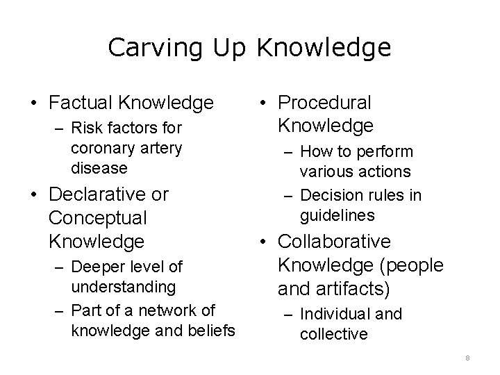 Carving Up Knowledge • Factual Knowledge – Risk factors for coronary artery disease •