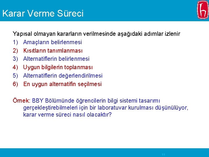 Karar Verme Süreci Yapısal olmayan kararların verilmesinde aşağıdaki adımlar izlenir 1) Amaçların belirlenmesi 2)