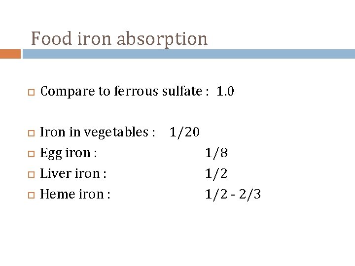 Food iron absorption Compare to ferrous sulfate : 1. 0 Iron in vegetables :