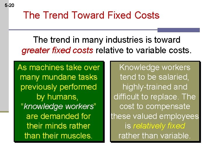 5 -20 The Trend Toward Fixed Costs The trend in many industries is toward