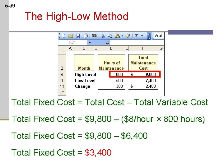 5 -39 The High-Low Method Total Fixed Cost = Total Cost – Total Variable