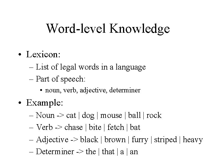 Word-level Knowledge • Lexicon: – List of legal words in a language – Part