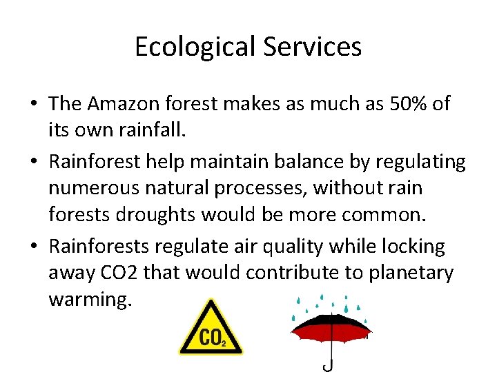 Ecological Services • The Amazon forest makes as much as 50% of its own