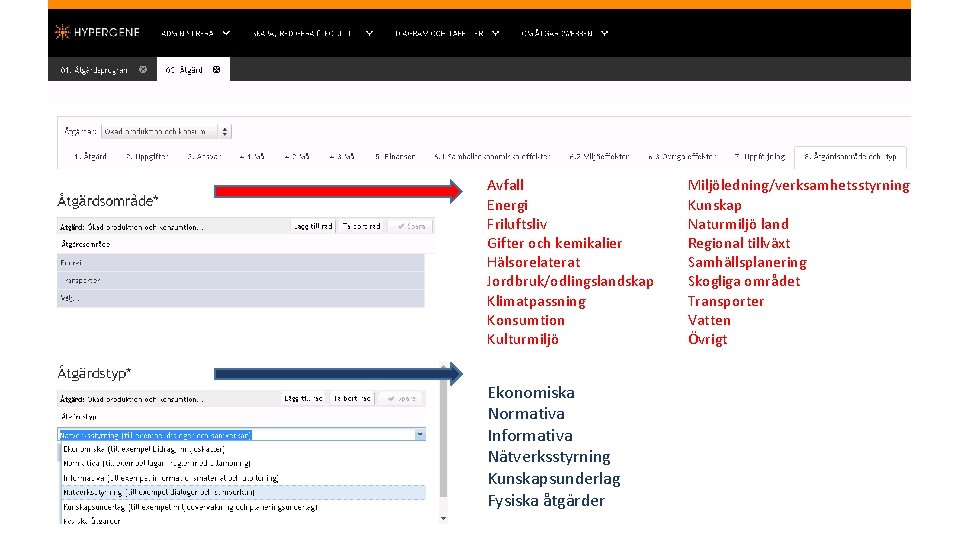 Avfall Energi Friluftsliv Gifter och kemikalier Hälsorelaterat Jordbruk/odlingslandskap Klimatpassning Konsumtion Kulturmiljö Ekonomiska Normativa Informativa