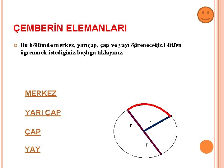 ÇEMBERİN ELEMANLARI Bu bölümde merkez, yarıçap, çap ve yayı öğreneceğiz. Lütfen öğrenmek istediğiniz başlığa