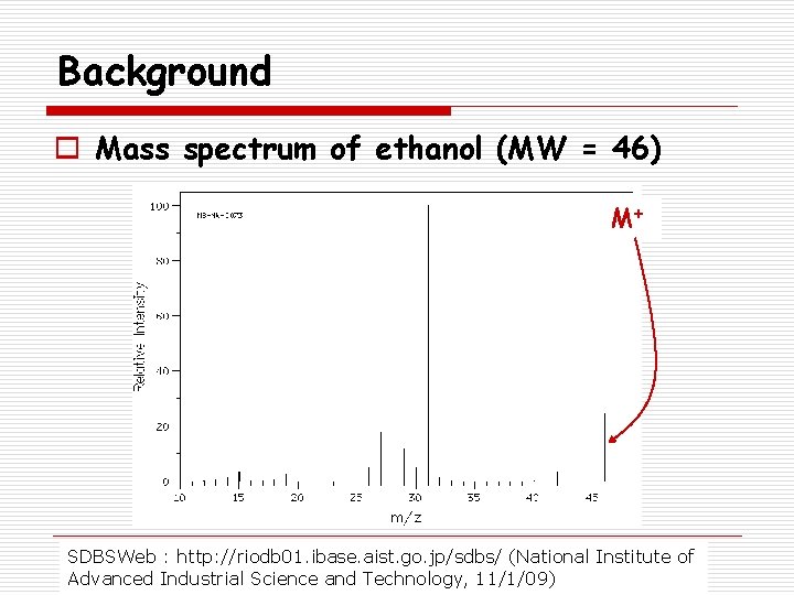 Background o Mass spectrum of ethanol (MW = 46) M+ SDBSWeb : http: //riodb