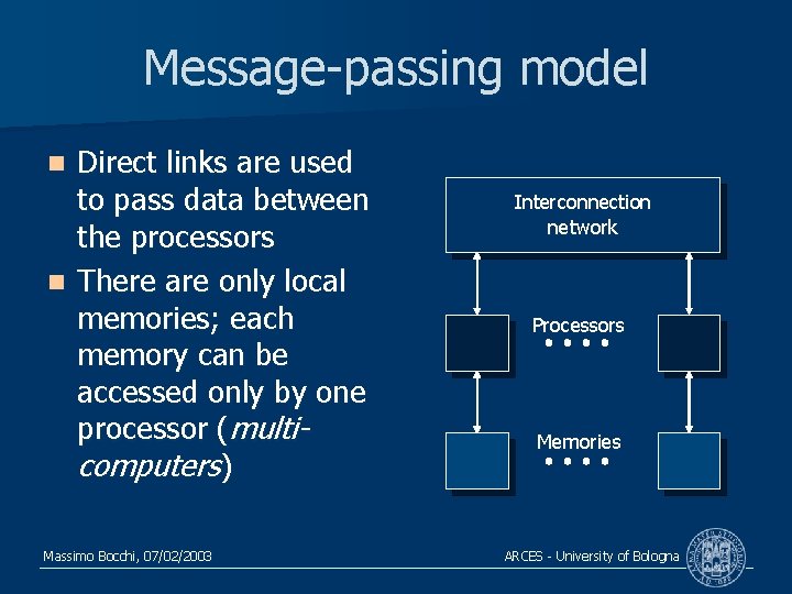 Message-passing model Direct links are used to pass data between the processors n There