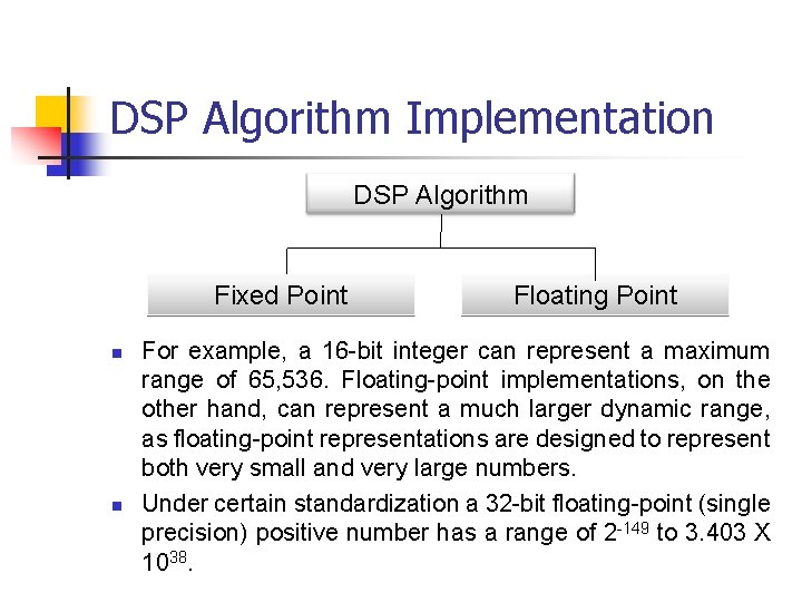 DSP Algorithm Implementation DSP Algorithm Fixed Point n n Floating Point For example, a DSP Algorithm Implementation DSP Algorithm Fixed Point n n Floating Point For example, a