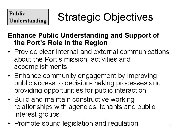 Public Understanding Strategic Objectives Enhance Public Understanding and Support of the Port’s Role in