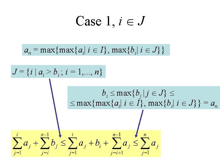 Case 1, i J an = max{ai| i I}, max{bi| i J}} J =