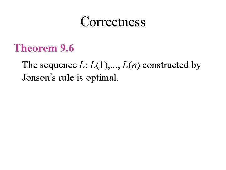 Correctness Theorem 9. 6 The sequence L: L(1), . . . , L(n) constructed