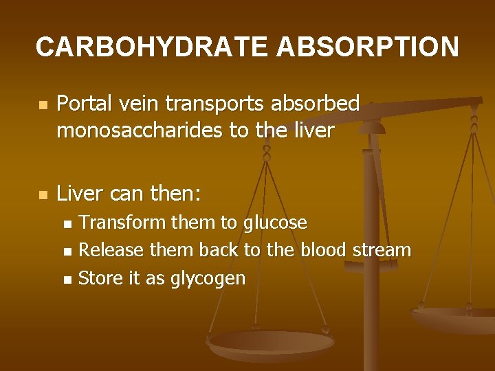 CARBOHYDRATE ABSORPTION n n Portal vein transports absorbed monosaccharides to the liver Liver can