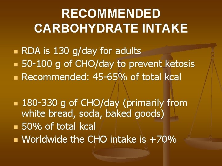 RECOMMENDED CARBOHYDRATE INTAKE n n n RDA is 130 g/day for adults 50 -100