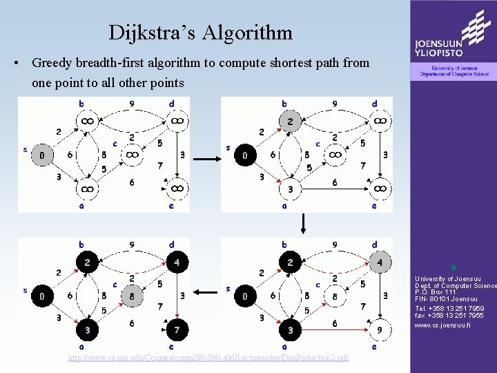 Dijkstra’s Algorithm • Greedy breadth-first algorithm to compute shortest path from one point to Dijkstra’s Algorithm • Greedy breadth-first algorithm to compute shortest path from one point to