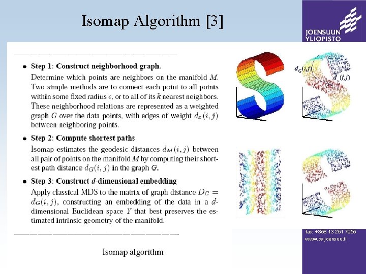 Isomap Algorithm [3] University of Joensuu Dept. of Computer Science P. O. Box 111