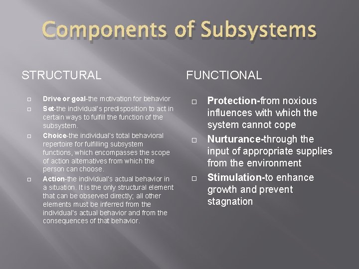 Components of Subsystems STRUCTURAL Drive or goal-the motivation for behavior Set-the individual’s predisposition to