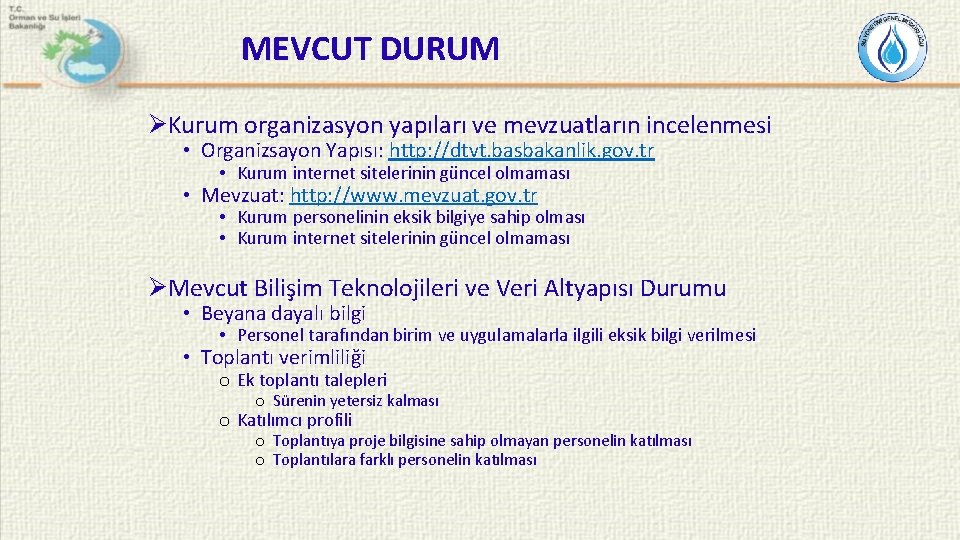 MEVCUT DURUM ØKurum organizasyon yapıları ve mevzuatların incelenmesi • Organizsayon Yapısı: http: //dtvt. basbakanlik.