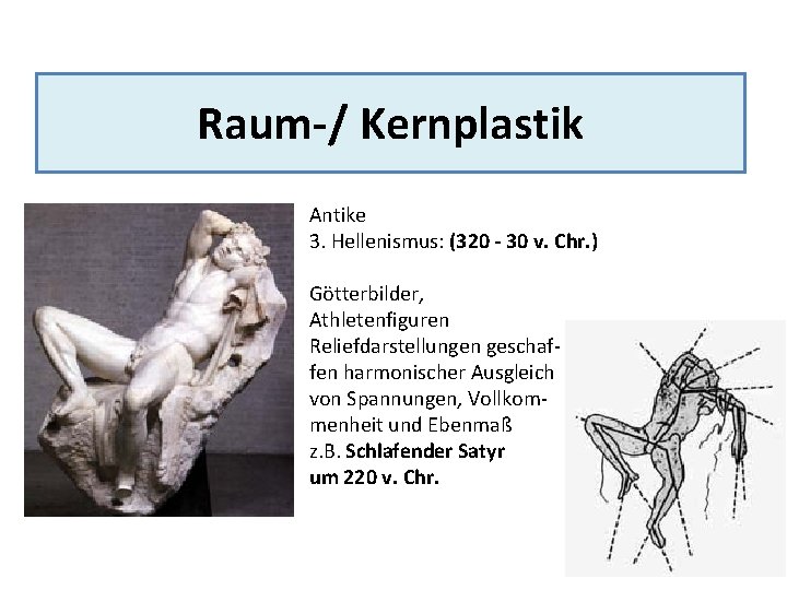 Raum-/ Kernplastik Antike 3. Hellenismus: (320 - 30 v. Chr. ) Götterbilder, Athletenfiguren Reliefdarstellungen