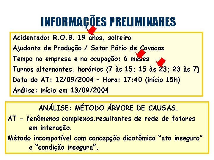 INFORMAÇÕES PRELIMINARES Acidentado: R. O. B. 19 anos, solteiro Ajudante de Produção / Setor