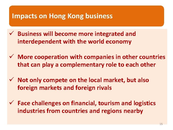 Impacts on Hong Kong business ü Business will become more integrated and interdependent with Impacts on Hong Kong business ü Business will become more integrated and interdependent with