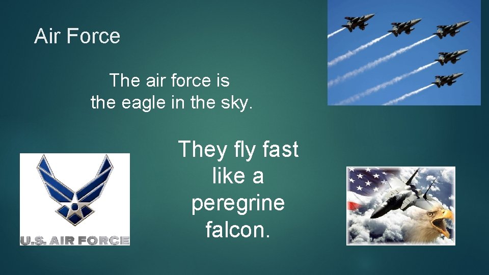 Air Force The air force is the eagle in the sky. They fly fast