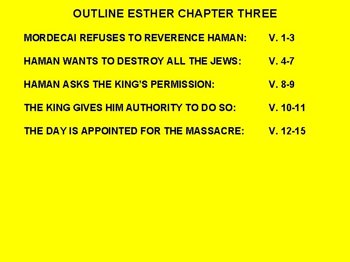 OUTLINE ESTHER CHAPTER THREE MORDECAI REFUSES TO REVERENCE HAMAN: V. 1 -3 HAMAN WANTS