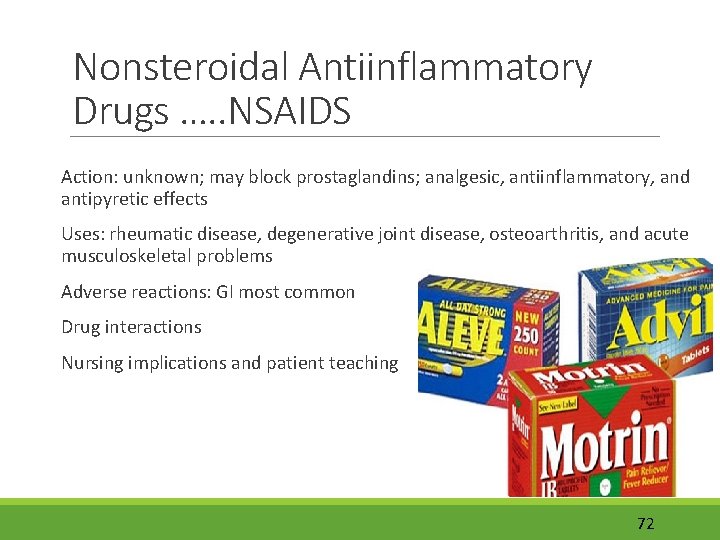 Nonsteroidal Antiinflammatory Drugs …. . NSAIDS Action: unknown; may block prostaglandins; analgesic, antiinflammatory, and