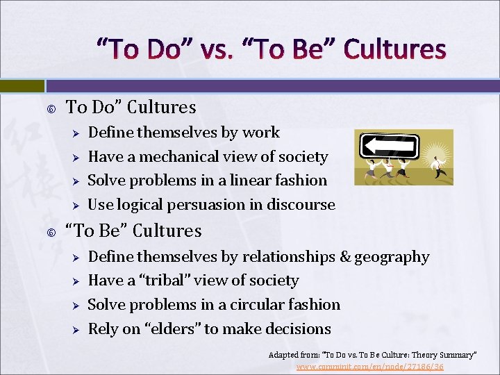 “To Do” vs. “To Be” Cultures To Do” Cultures Ø Ø Define themselves by