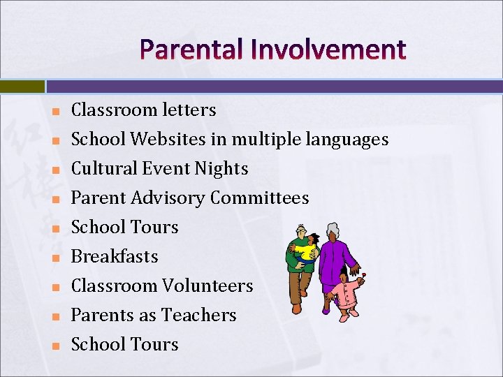 Parental Involvement n n n n n Classroom letters School Websites in multiple languages