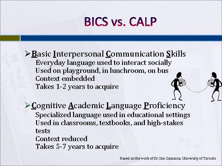 BICS vs. CALP ØBasic Interpersonal Communication Skills Everyday language used to interact socially Used