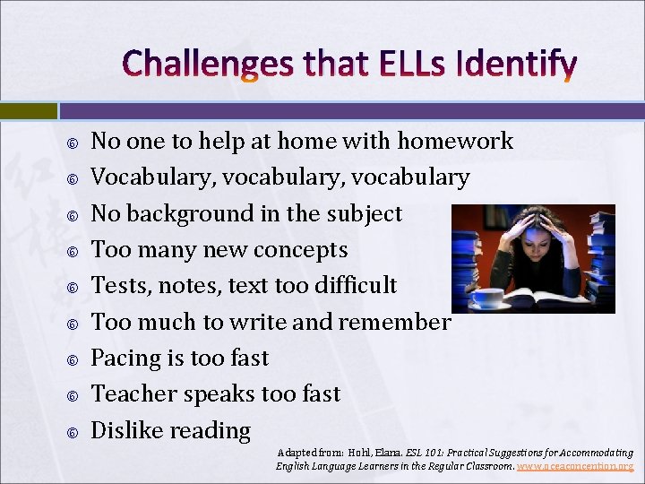 Challenges that ELLs Identify No one to help at home with homework Vocabulary, vocabulary