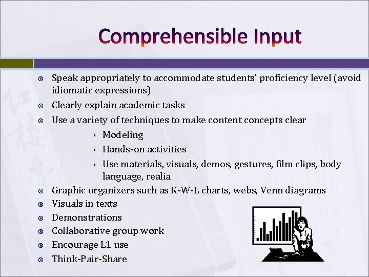 Comprehensible Input Speak appropriately to accommodate students’ proficiency level (avoid idiomatic expressions) Clearly explain